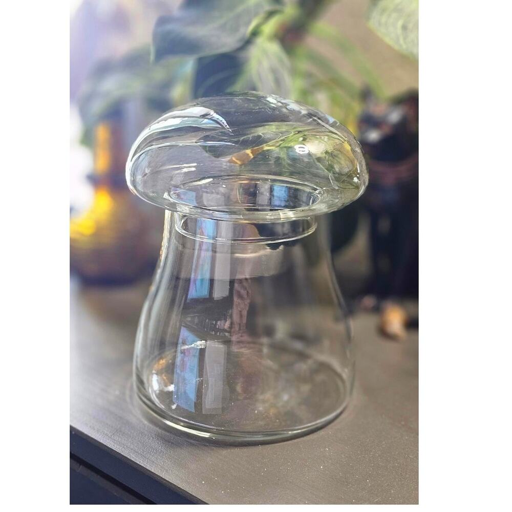Libbey Clear Glass Mushroom Jar Lidded Apothecary Terrarium 70s Cottagecore